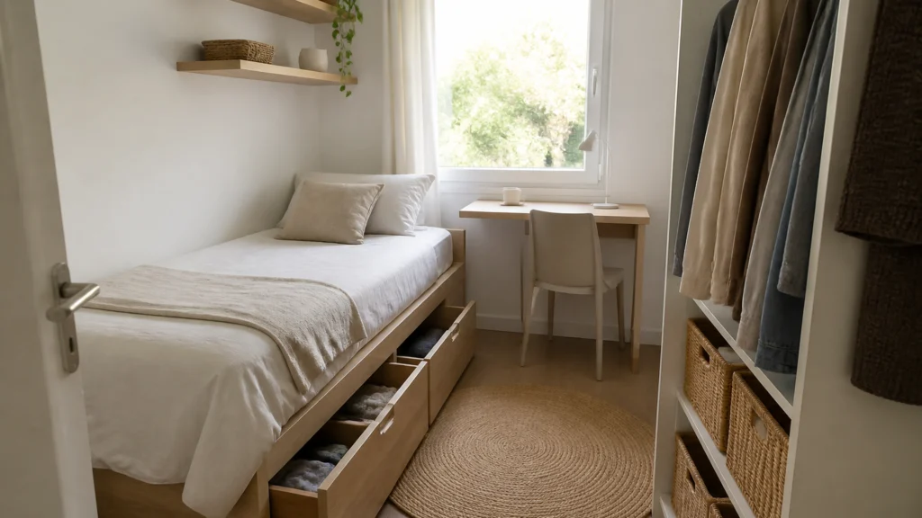 Illustration éditoriale pour l’article « Chambre de 10 m2 : aménagement et astuces pour gagner de la place »