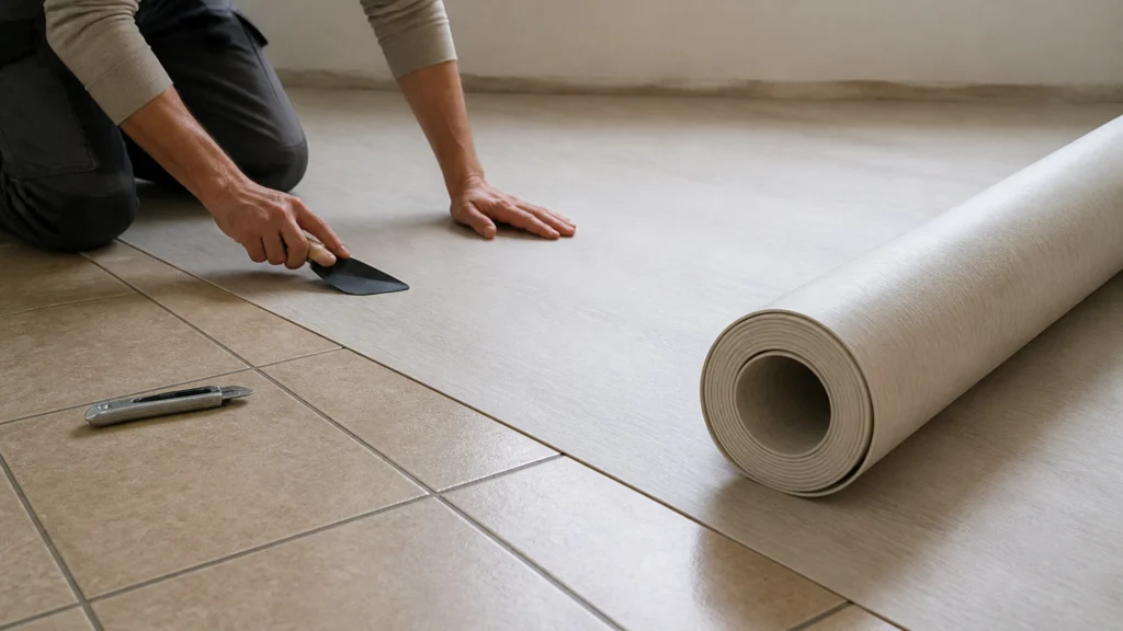 Illustration éditoriale pour l’article « Lino sur carrelage sans ragréage : réussir votre rénovation »