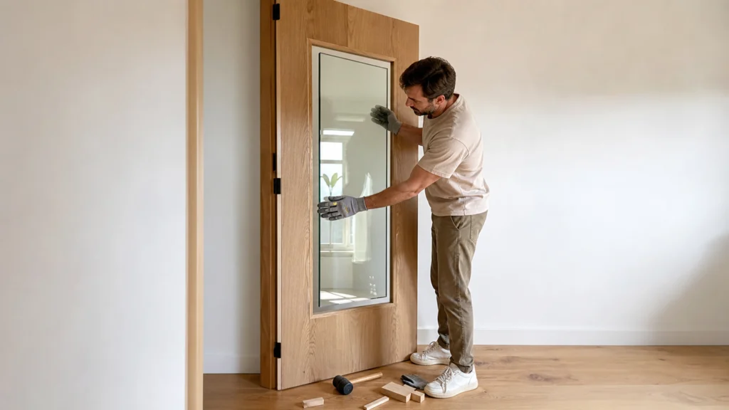 Illustration éditoriale pour l’article « Comment poser une vitre sur une porte et gagner en lumière »