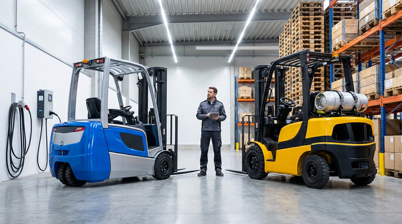 Un employé d'entrepôt debout entre un chariot élévateur électrique bleu et un modèle à gaz jaune.