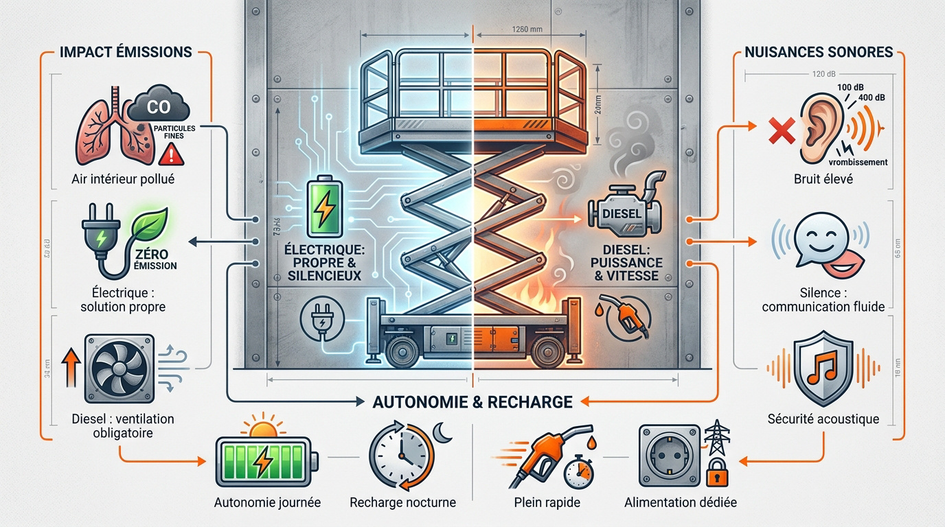 Comparaison technique entre une nacelle électrique silencieuse et une nacelle diesel pour chantiers