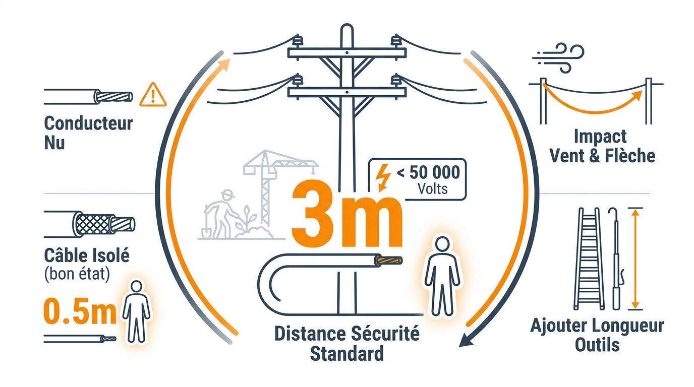 Schéma des distances de sécurité réglementaires autour d'une ligne électrique basse tension