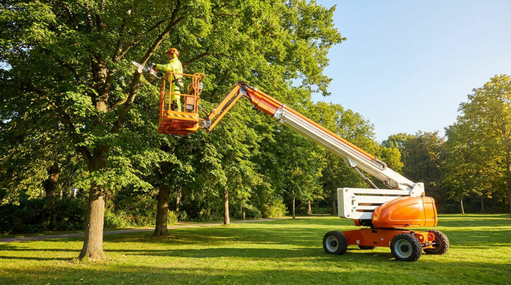 Un élagueur équipé travaille dans une nacelle élévatrice orange pour tailler des branches d'arbre dans un parc.