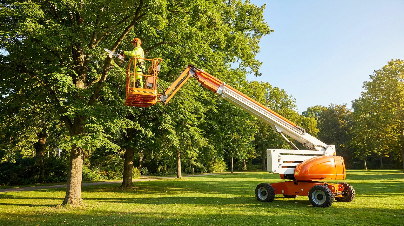 Un élagueur équipé travaille dans une nacelle élévatrice orange pour tailler des branches d'arbre dans un parc.