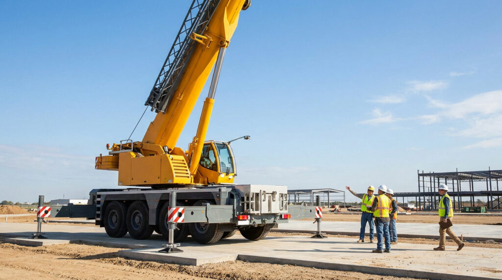 Une équipe de chantier discutant devant une grande grue mobile jaune sur un site en construction par une journée ensoleillée.