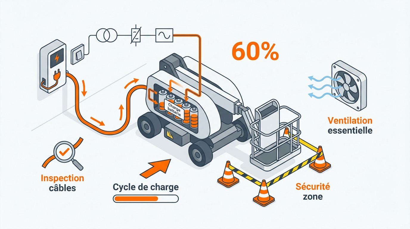 Illustration isométrique montrant la procédure sécurisée de recharge d'une nacelle électrique sur un site industriel