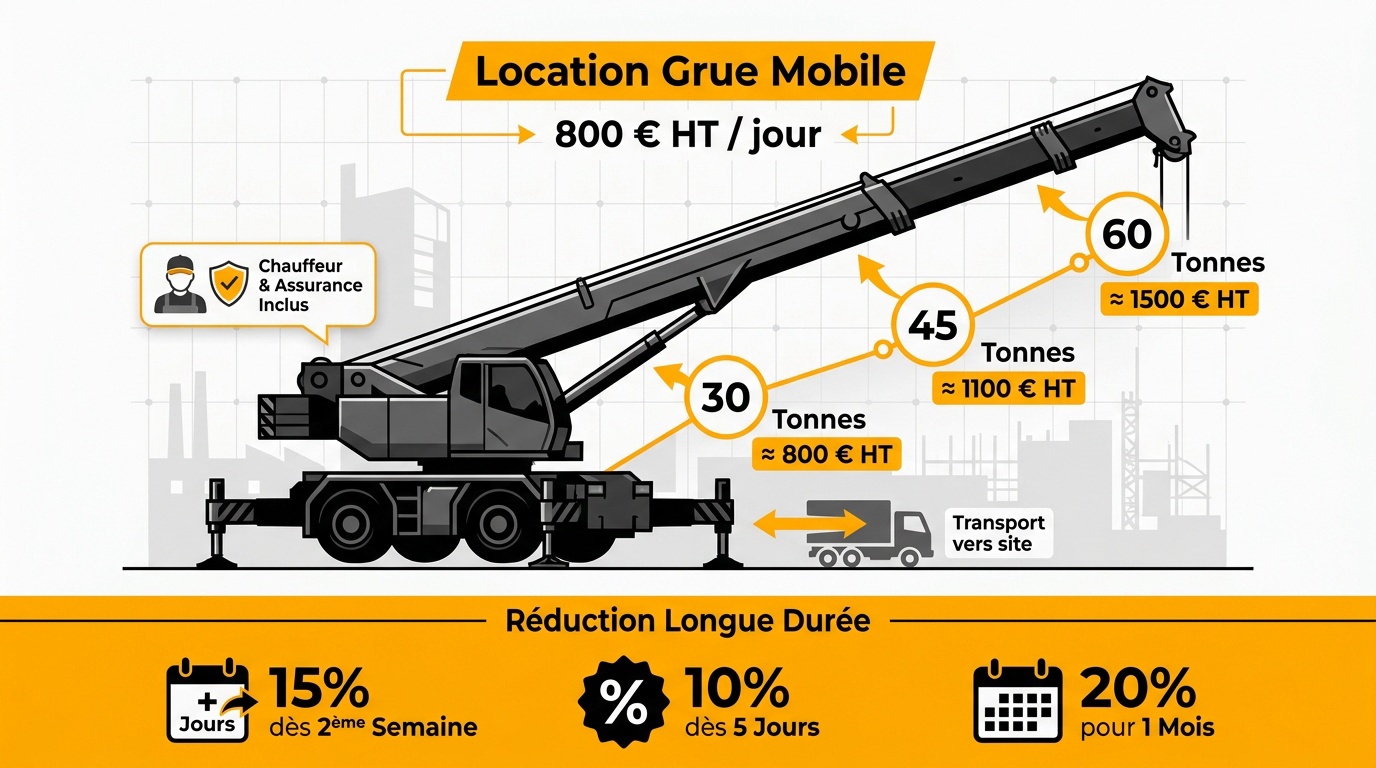 Infographie des tarifs de location de grues mobiles selon le tonnage et la durée