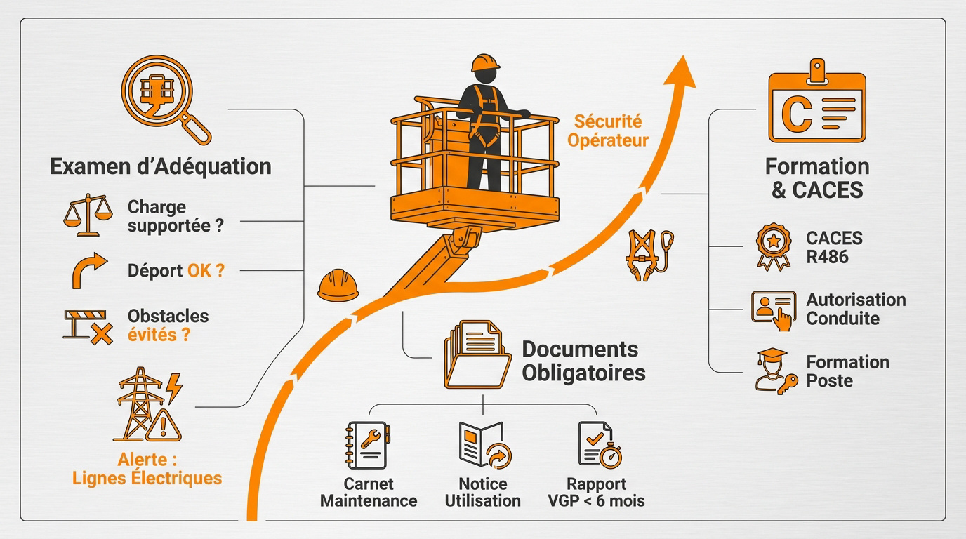 Infographie détaillant les points de contrôle visuels et fonctionnels avant l'utilisation d'une nacelle élévatrice