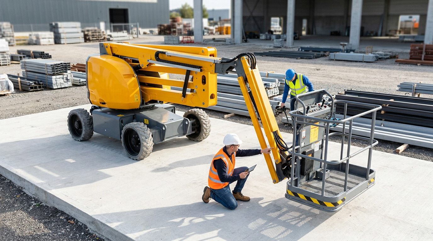 Un technicien en gilet de sécurité inspecte une nacelle élévatrice jaune sur un chantier.