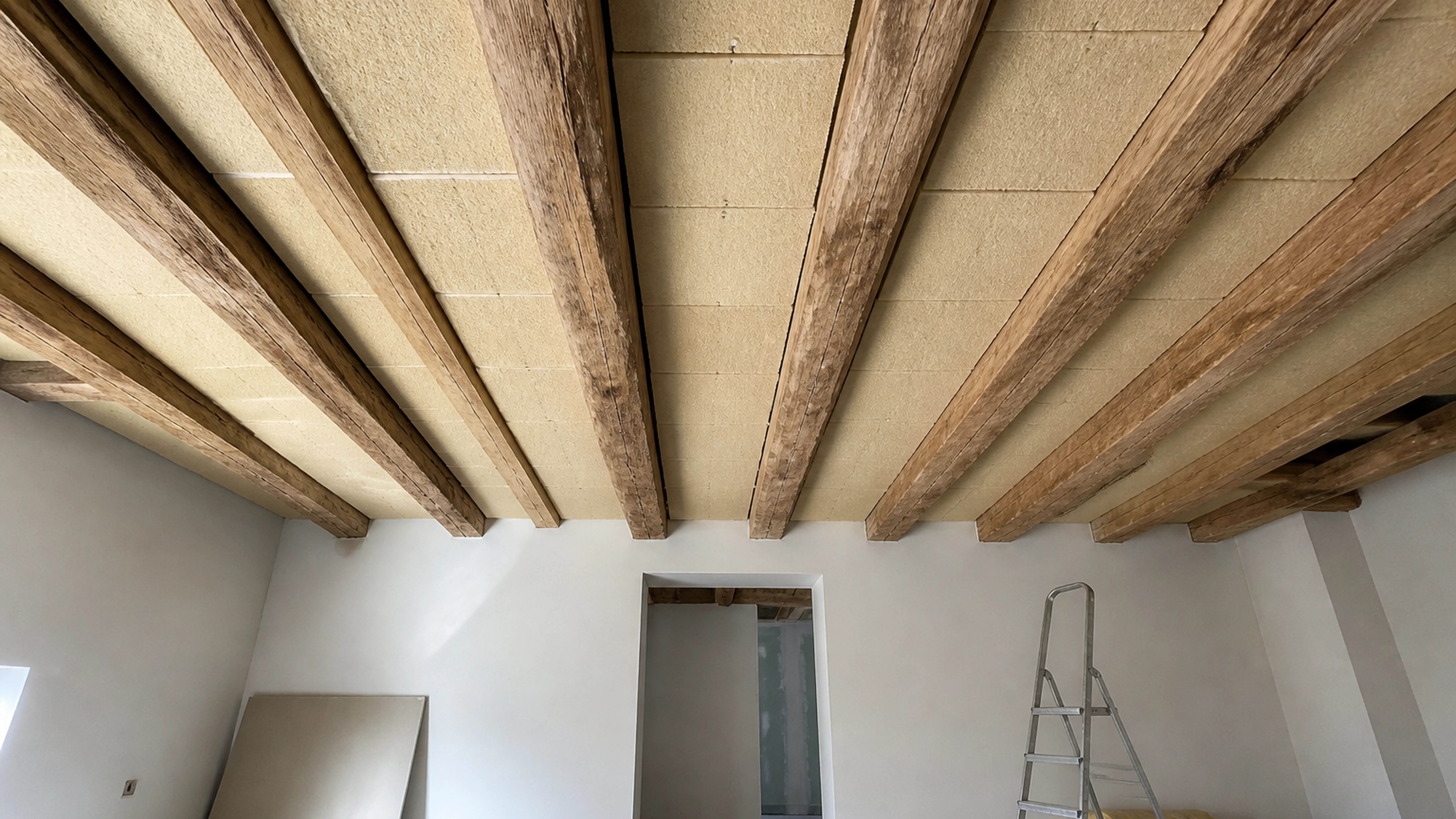 Illustration éditoriale pour l’article « Isoler un plafond en laissant les poutres apparentes »