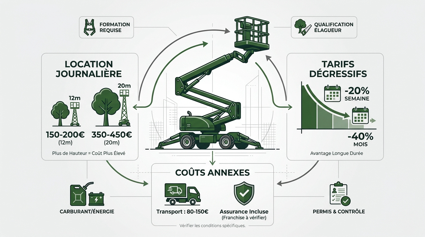 Camion nacelle en opération d'élagage pour travaux forestiers professionnels