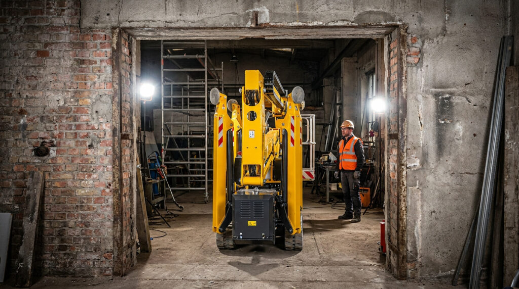 Une nacelle araignée jaune compacte franchissant l'entrée étroite d'un atelier avec un technicien en arrière-plan.