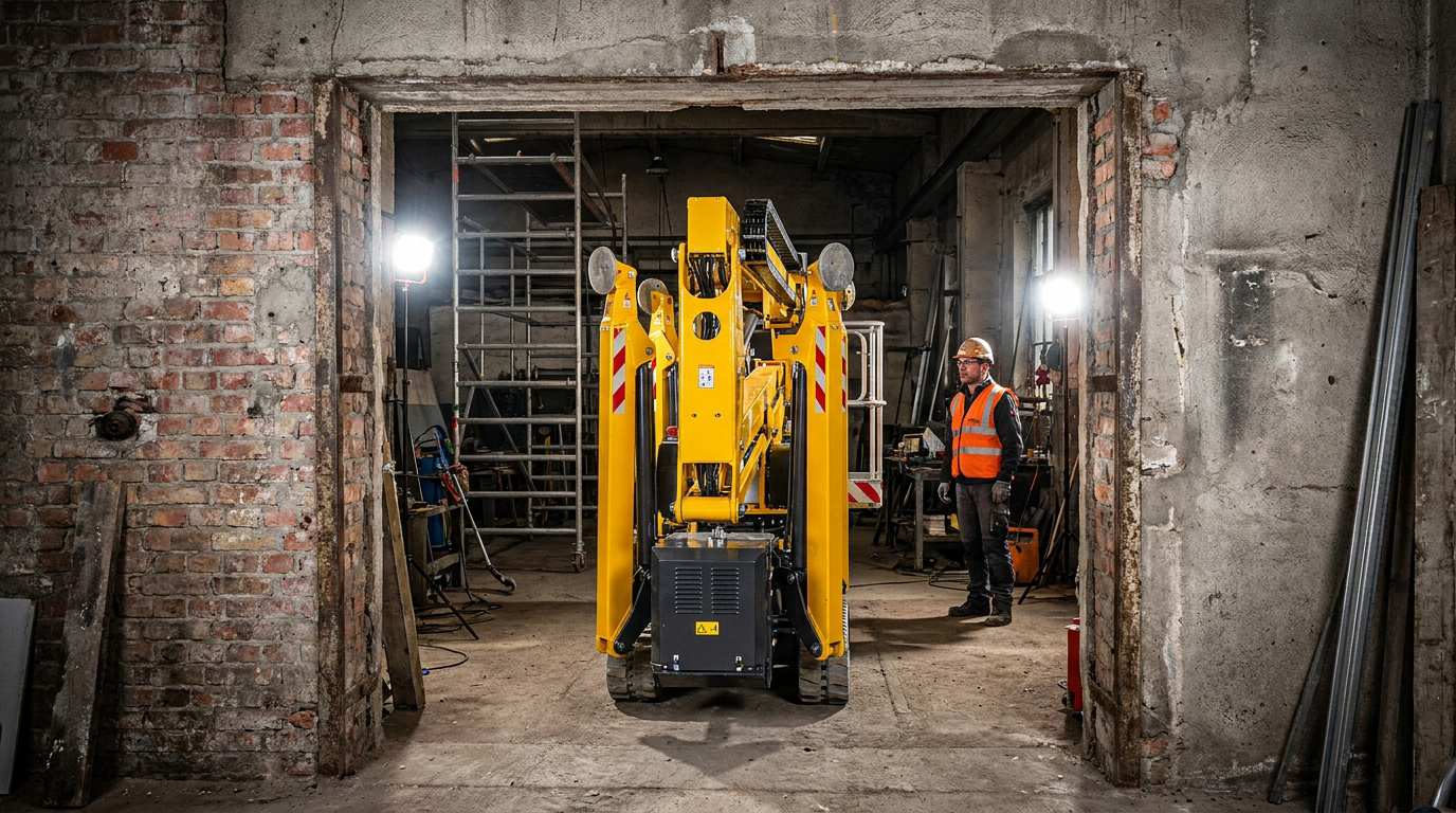 Une nacelle araignée jaune compacte franchissant l'entrée étroite d'un atelier avec un technicien en arrière-plan.