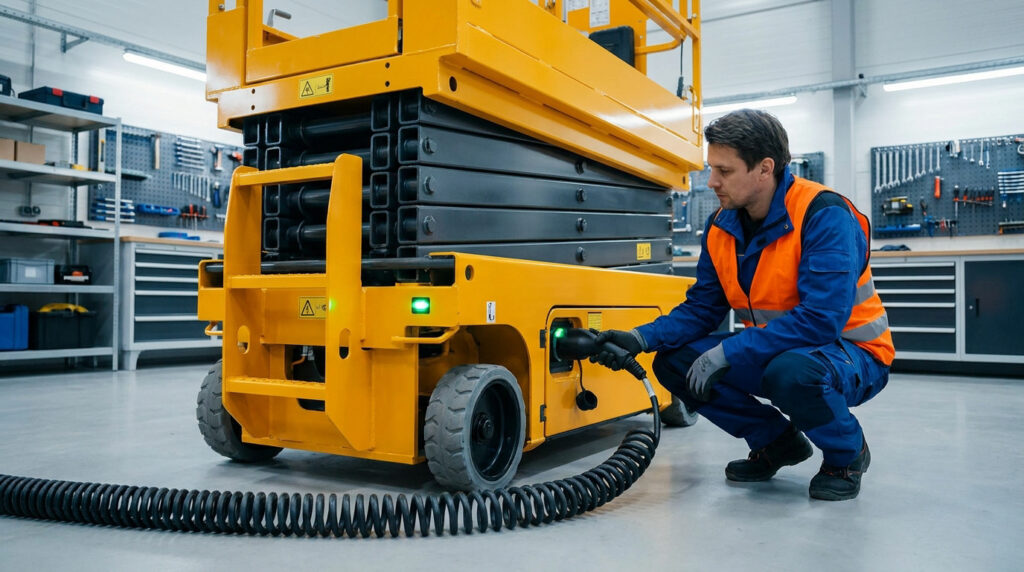 Un technicien branche une nacelle élévatrice jaune à une borne de recharge dans un atelier.