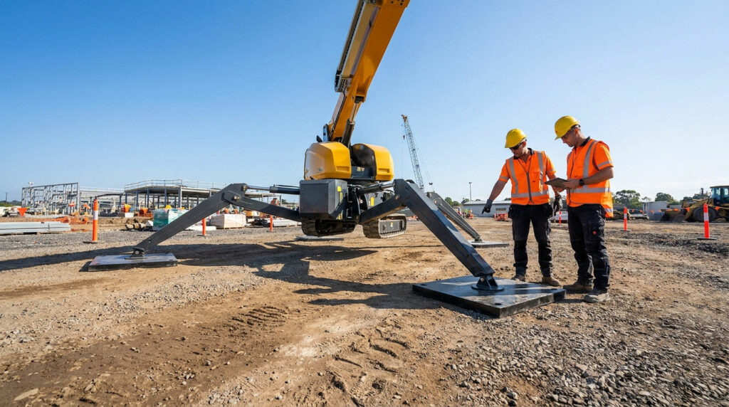Deux ouvriers en EPI contrôlent la stabilisation d'une nacelle élévatrice sur un chantier.