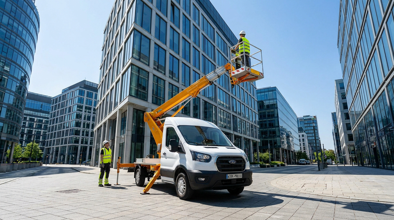 Technicien dans une nacelle élévatrice sur fourgon travaillant sur une façade de bâtiment moderne.
