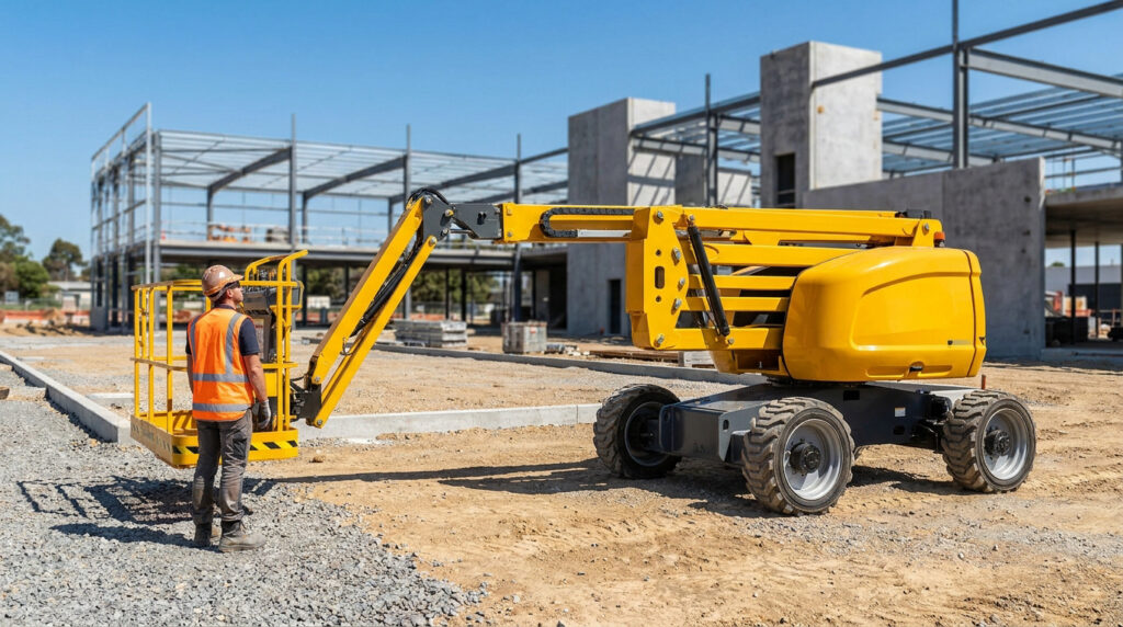 Un ouvrier en gilet de sécurité près d'une nacelle élévatrice jaune sur un chantier de construction.
