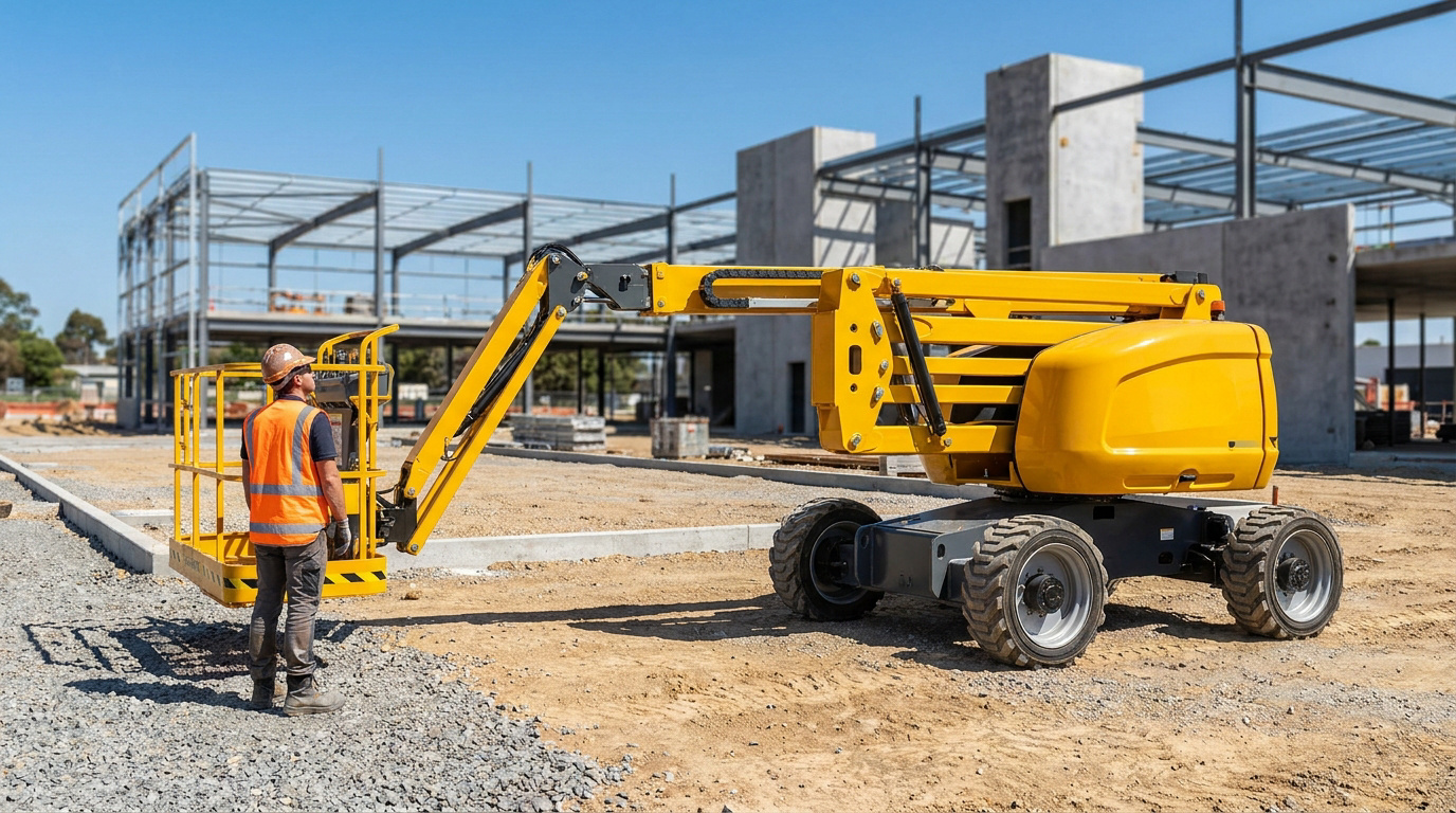 Un ouvrier en gilet de sécurité près d'une nacelle élévatrice jaune sur un chantier de construction.