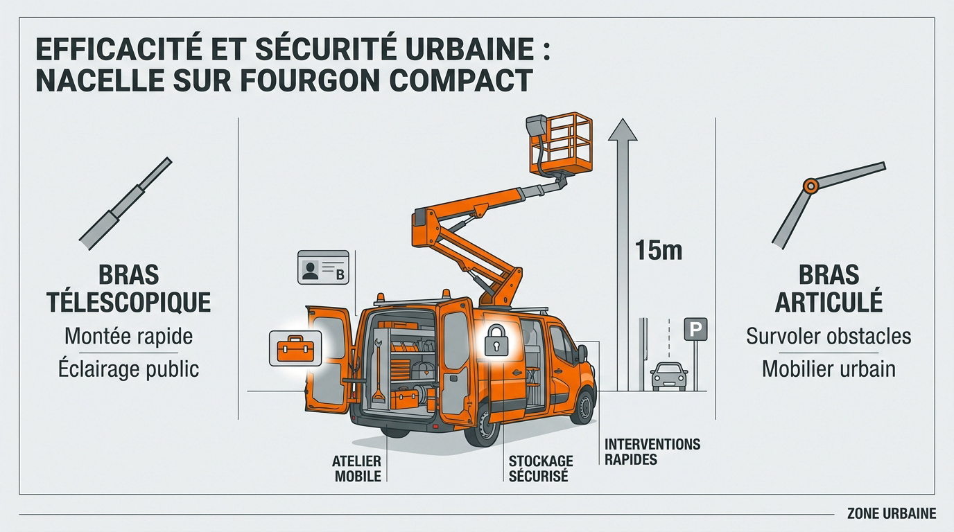 Nacelle élévatrice sur fourgon compacte pour maintenance urbaine