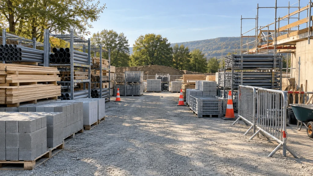 Illustration éditoriale pour l’article « Réussir l'aménagement de votre zone de stockage chantier »