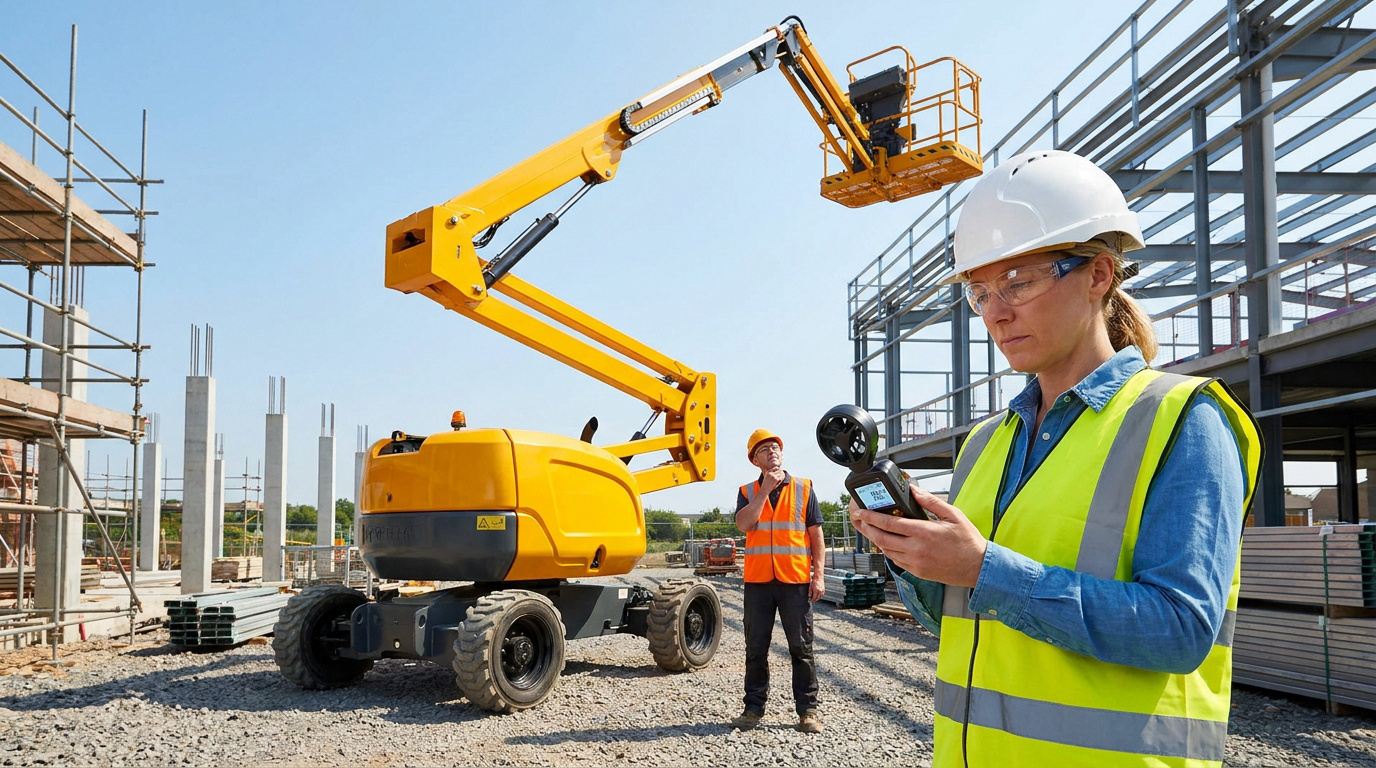 Une technicienne vérifie la vitesse du vent avec un anémomètre devant une nacelle élévatrice sur un chantier.