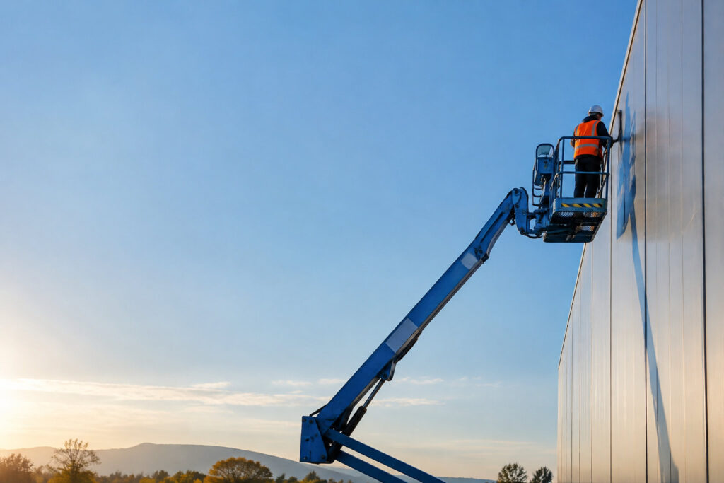 Ouvrier en gilet orange et casque travaillant en hauteur dans la nacelle d'une plateforme élévatrice contre un bâtiment.