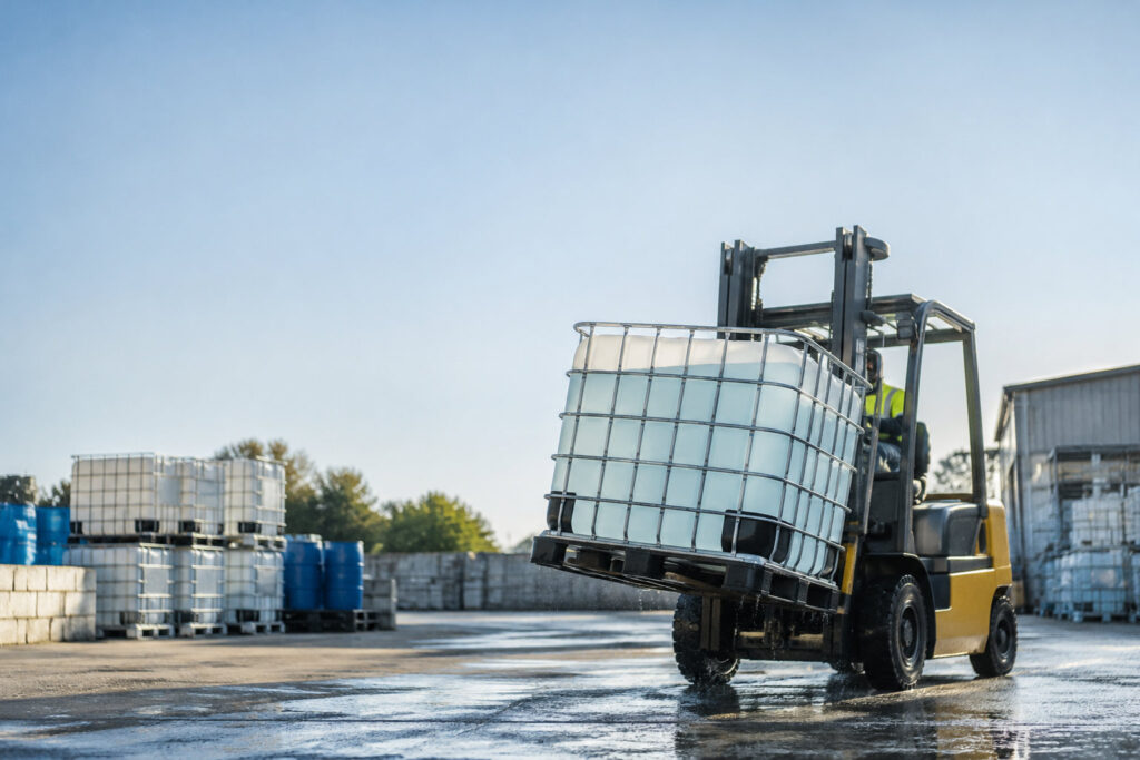 Un chariot élévateur déplaçant un conteneur IBC rempli de liquide dans une cour industrielle sous un ciel ensoleillé.