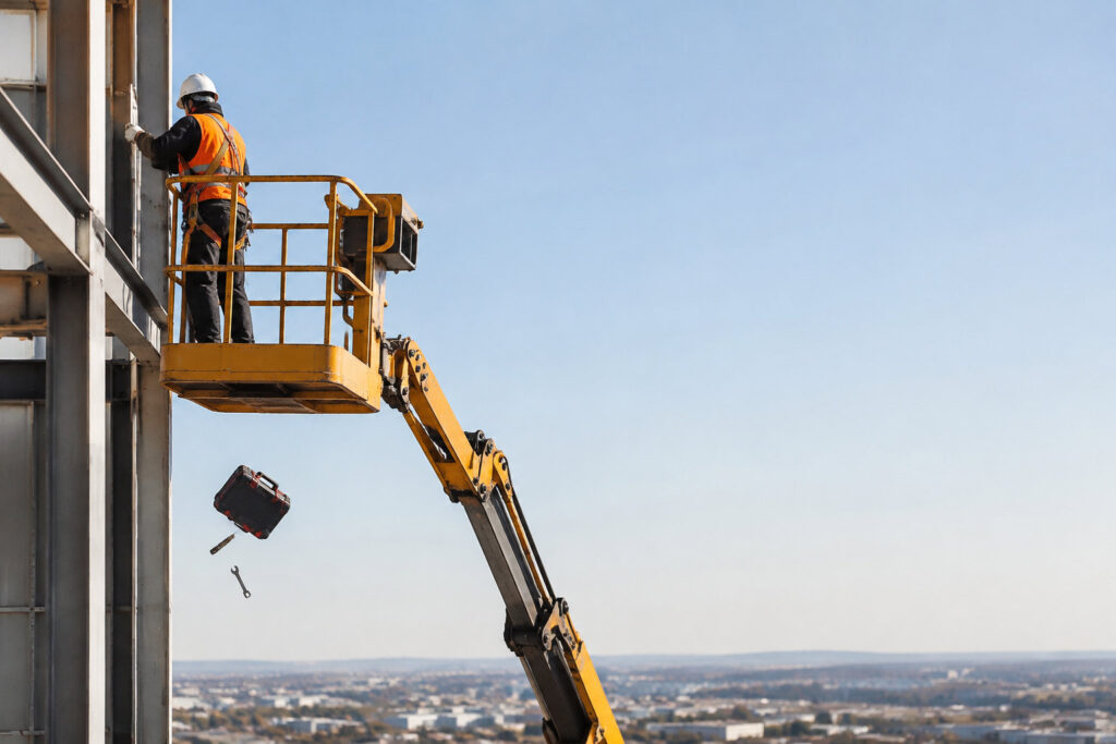 Un ouvrier en nacelle laisse accidentellement tomber une mallette et une clé sur un chantier de construction en hauteur.