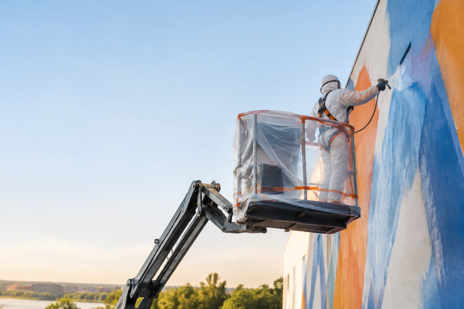 Artiste en combinaison blanche peignant un mur extérieur depuis une nacelle protégée par un film plastique transparent.