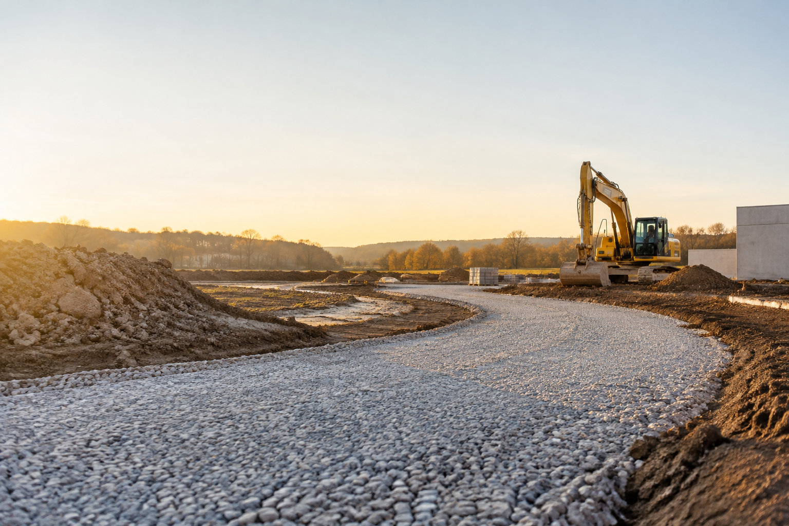 Une pelleteuse jaune garée sur un chemin de chantier en graviers au lever du soleil avec un paysage en arrière-plan.