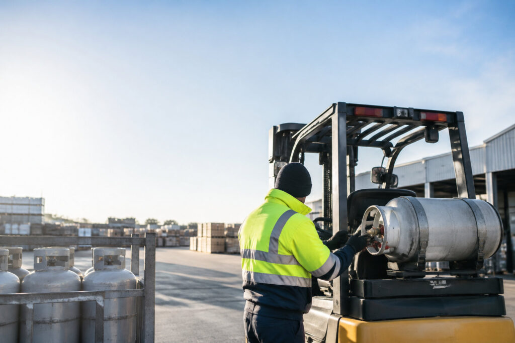 Un cariste en gilet haute visibilité change une bouteille de gaz sur un chariot élévateur en extérieur.