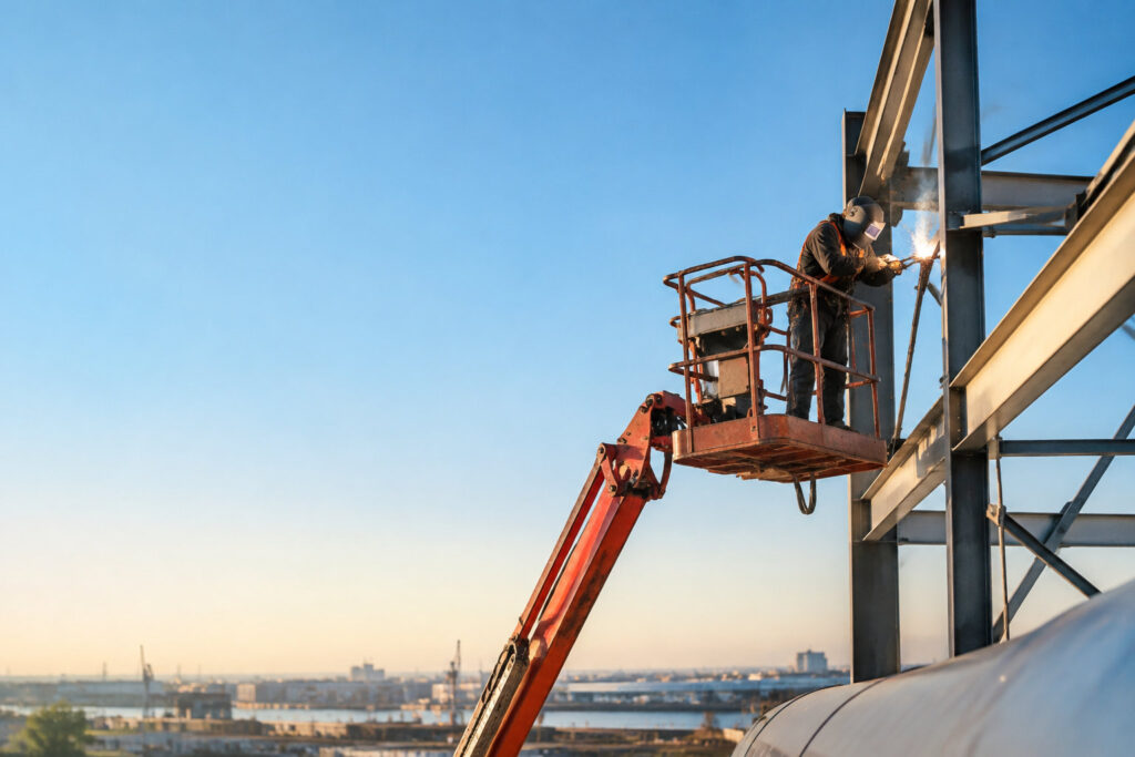 Un ouvrier équipé d'un masque de protection effectue des travaux de soudage sur une structure métallique via une nacelle.