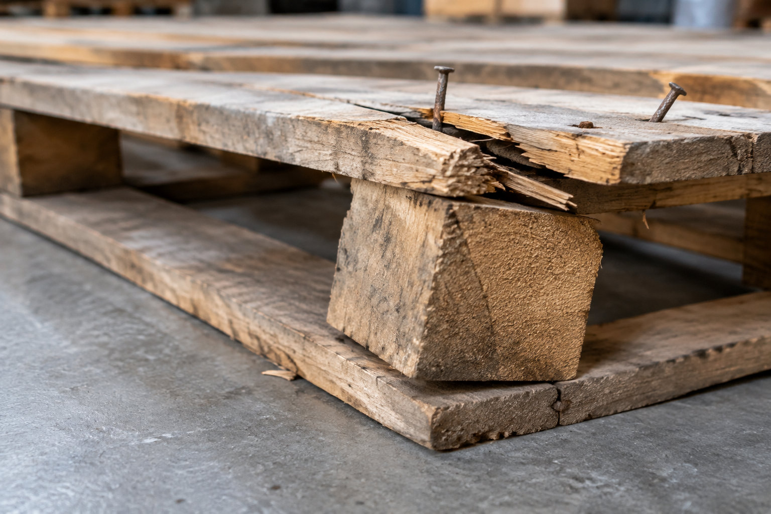 Une palette en bois usée, dont une planche est cassée et traversée par deux clous, repose sur un sol en béton.