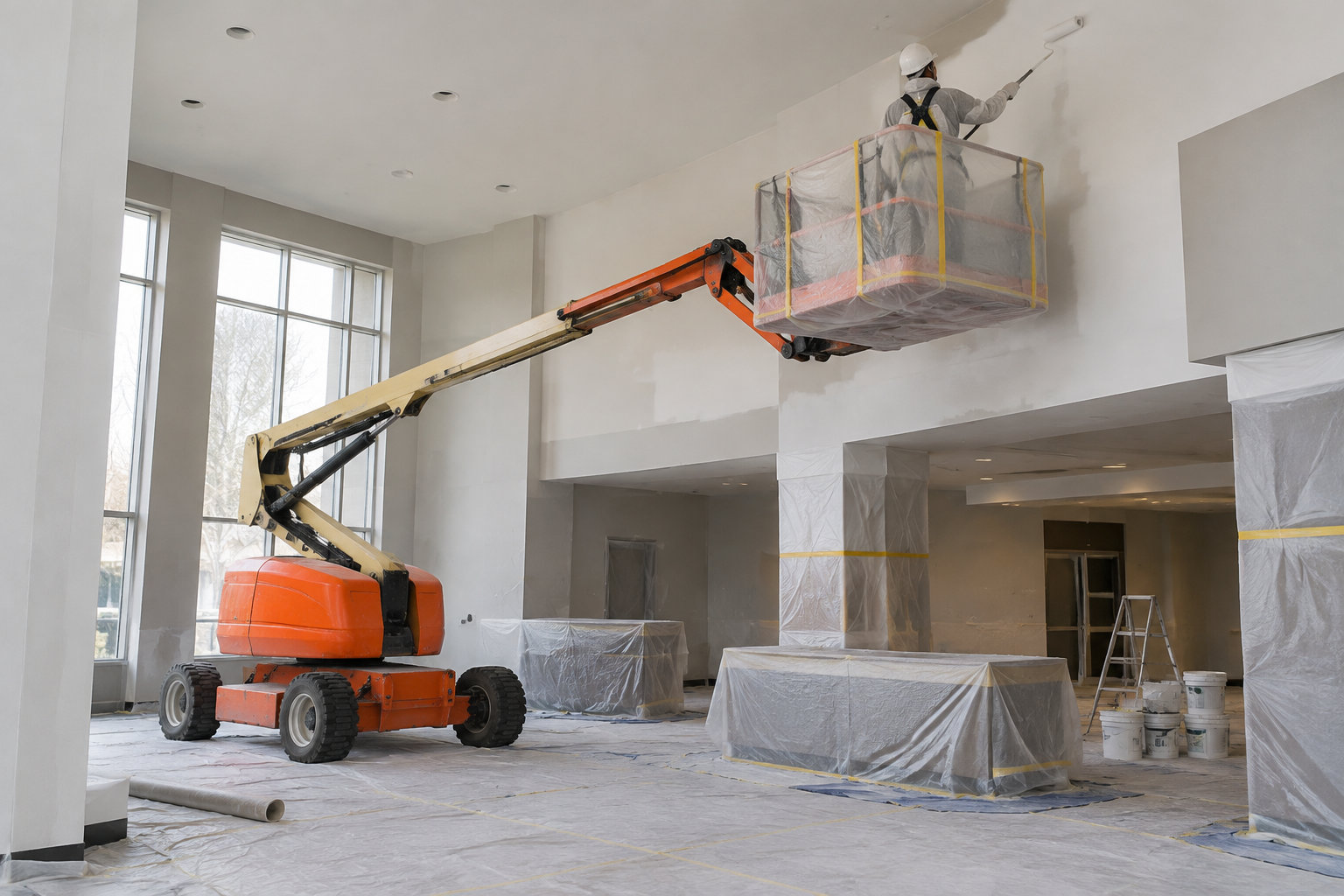 Un ouvrier peint un mur en hauteur depuis la nacelle d’un élévateur, dans une pièce dont le sol et le mobilier sont protégés par des bâches.