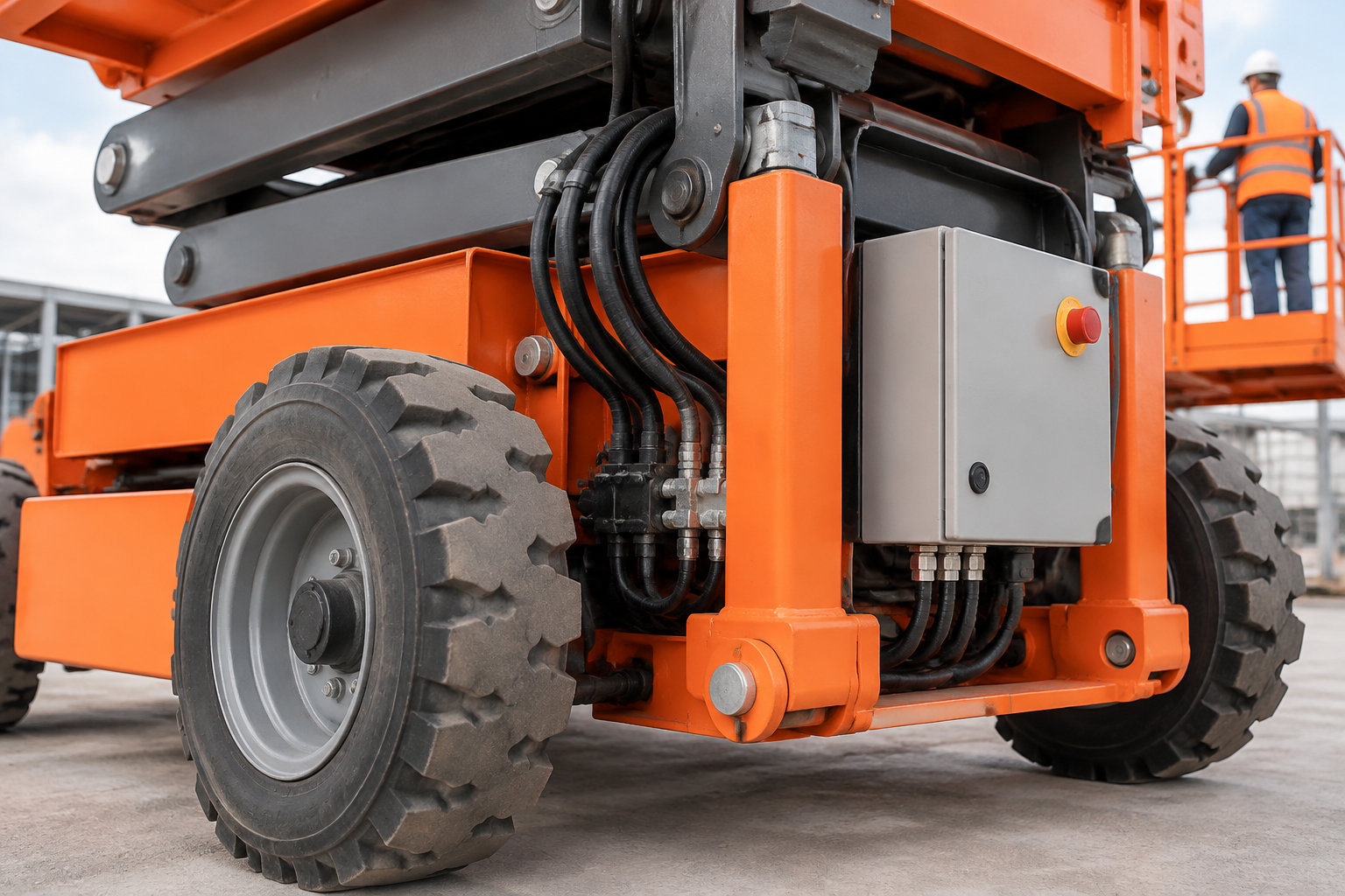 Gros plan sur le châssis, les roues et les composants hydrauliques d’une plateforme élévatrice orange, avec un ouvrier en gilet de sécurité visible à l’arrière-plan.