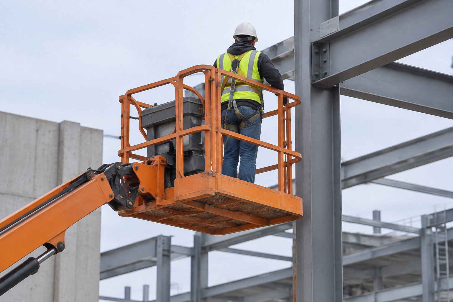 Un ouvrier portant un casque et un gilet fluorescent se tient dans une nacelle élévatrice près de poutres métalliques sur un chantier.