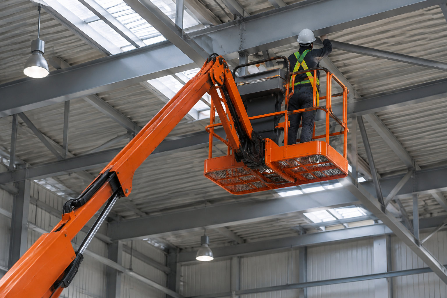 Un ouvrier portant un casque et un gilet de sécurité travaille sur une poutre depuis une nacelle élévatrice orange, à l’intérieur d’un bâtiment industriel.