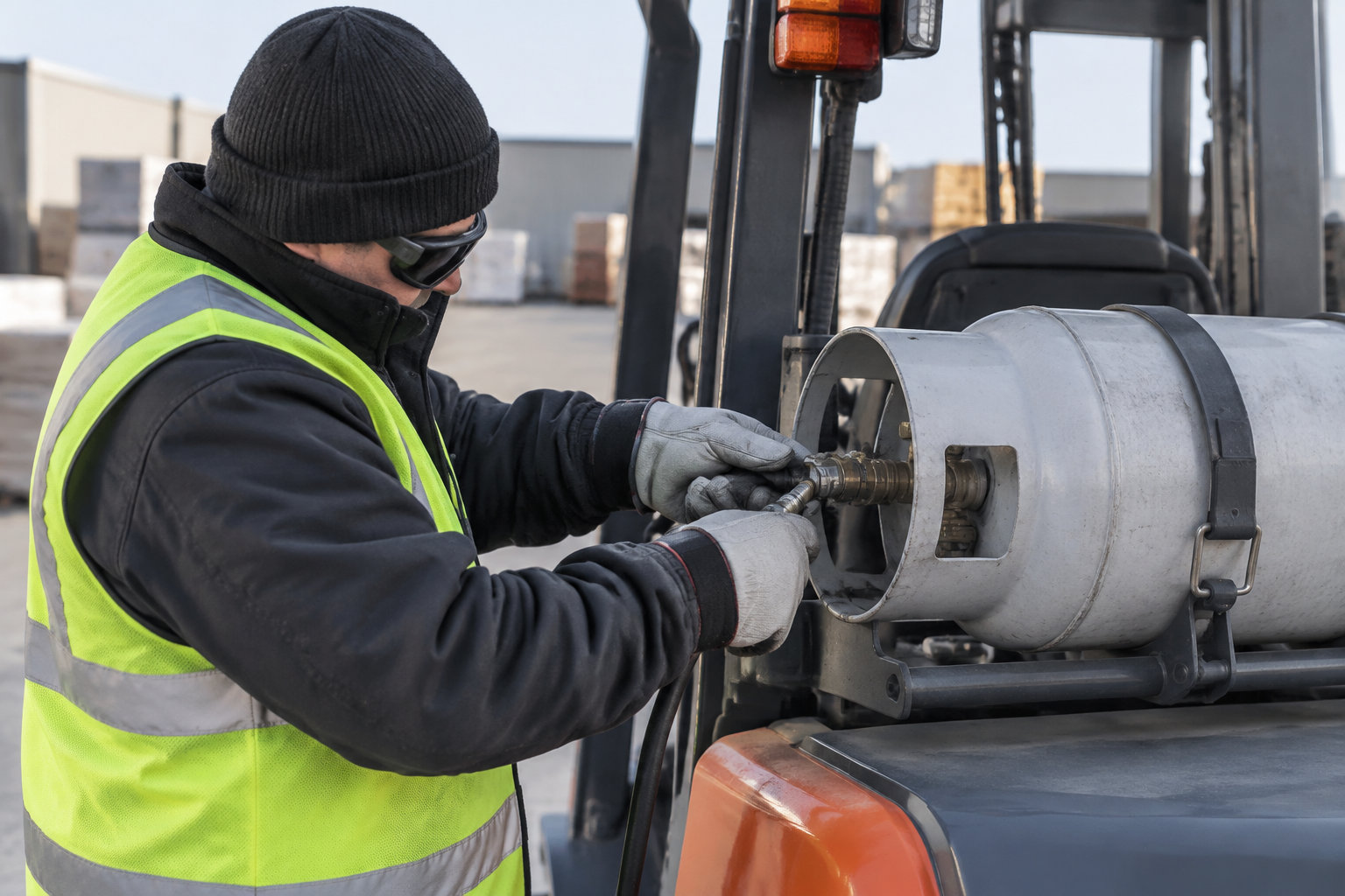 Un ouvrier portant un gilet fluorescent, des gants et des lunettes de protection manipule un raccord sur une grande bouteille fixée à un chariot élévateur, dans une cour industrielle.