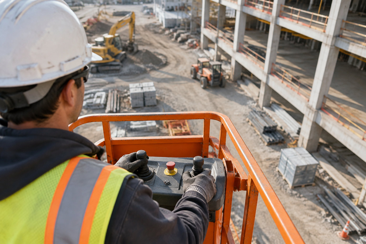 Un ouvrier portant un casque et un gilet fluorescent manœuvre une nacelle orange sur un chantier de construction.