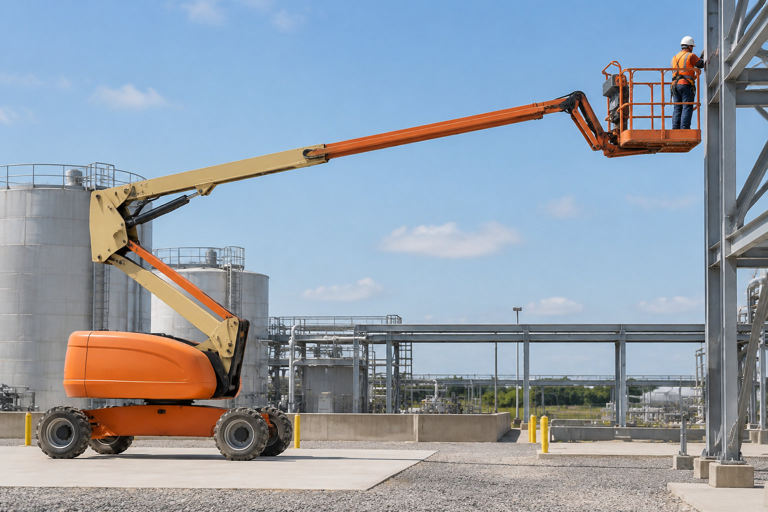 Un ouvrier portant un casque et un gilet orange se tient dans la nacelle d’une plateforme élévatrice près d’une structure métallique, sur un site industriel.