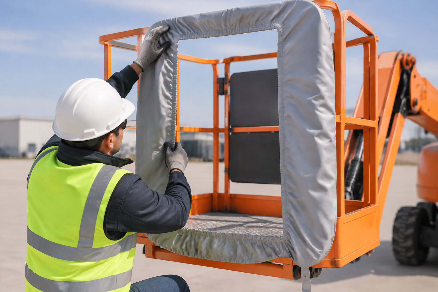 Un ouvrier en gilet fluorescent et casque ajuste une housse grise sur la nacelle d’une plateforme élévatrice orange.