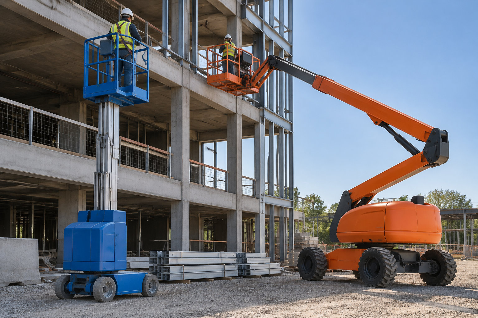 Deux ouvriers en gilet de sécurité et casque travaillent en hauteur dans des nacelles élévatrices devant un bâtiment en construction.