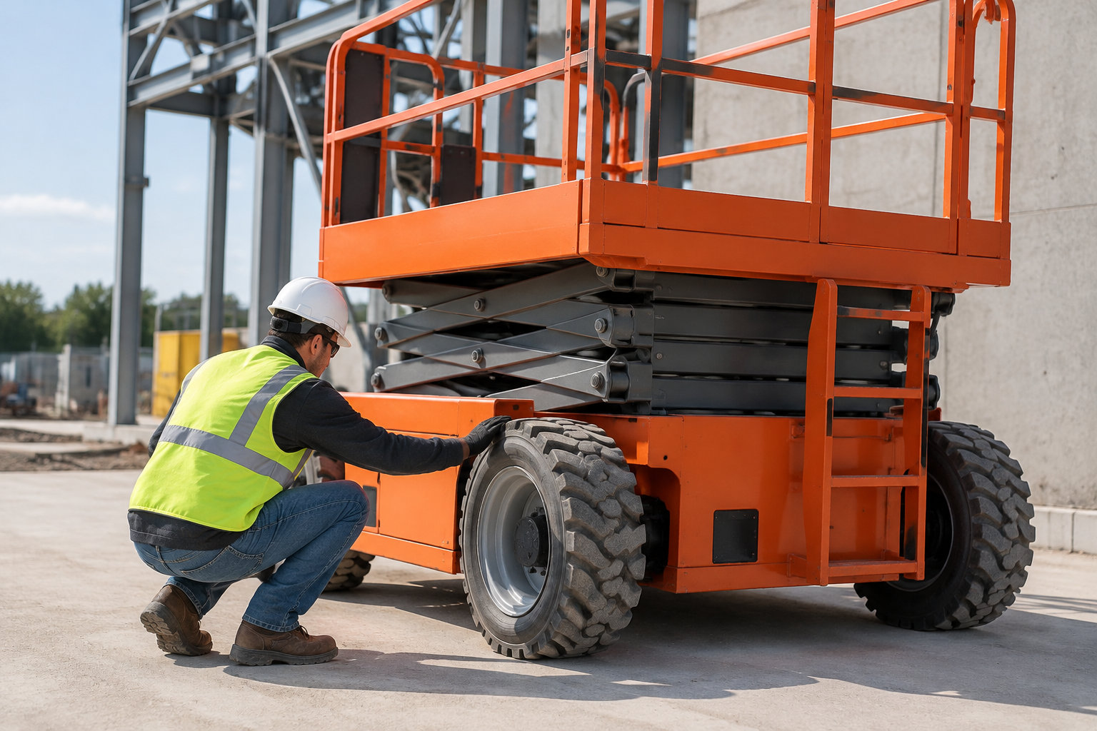 Un ouvrier portant un casque blanc et un gilet fluorescent inspecte la roue d’une nacelle élévatrice orange sur un chantier.