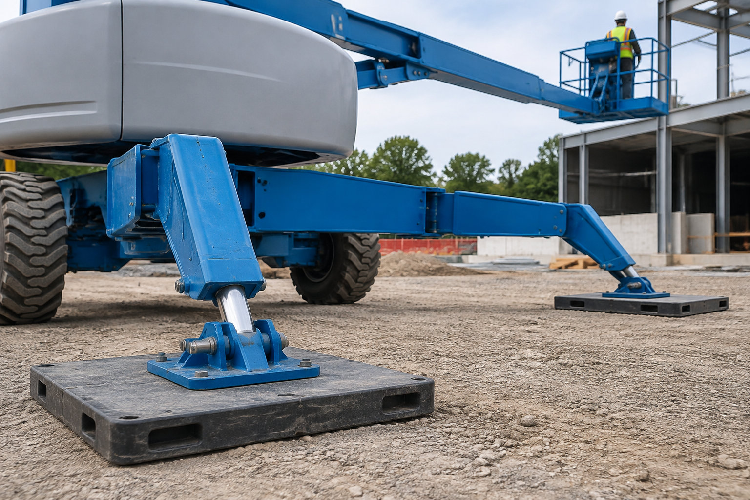 Un ouvrier en gilet haute visibilité se tient dans la nacelle d’une plateforme élévatrice bleue sur un chantier, stabilisée par des vérins posés sur des plaques au sol.