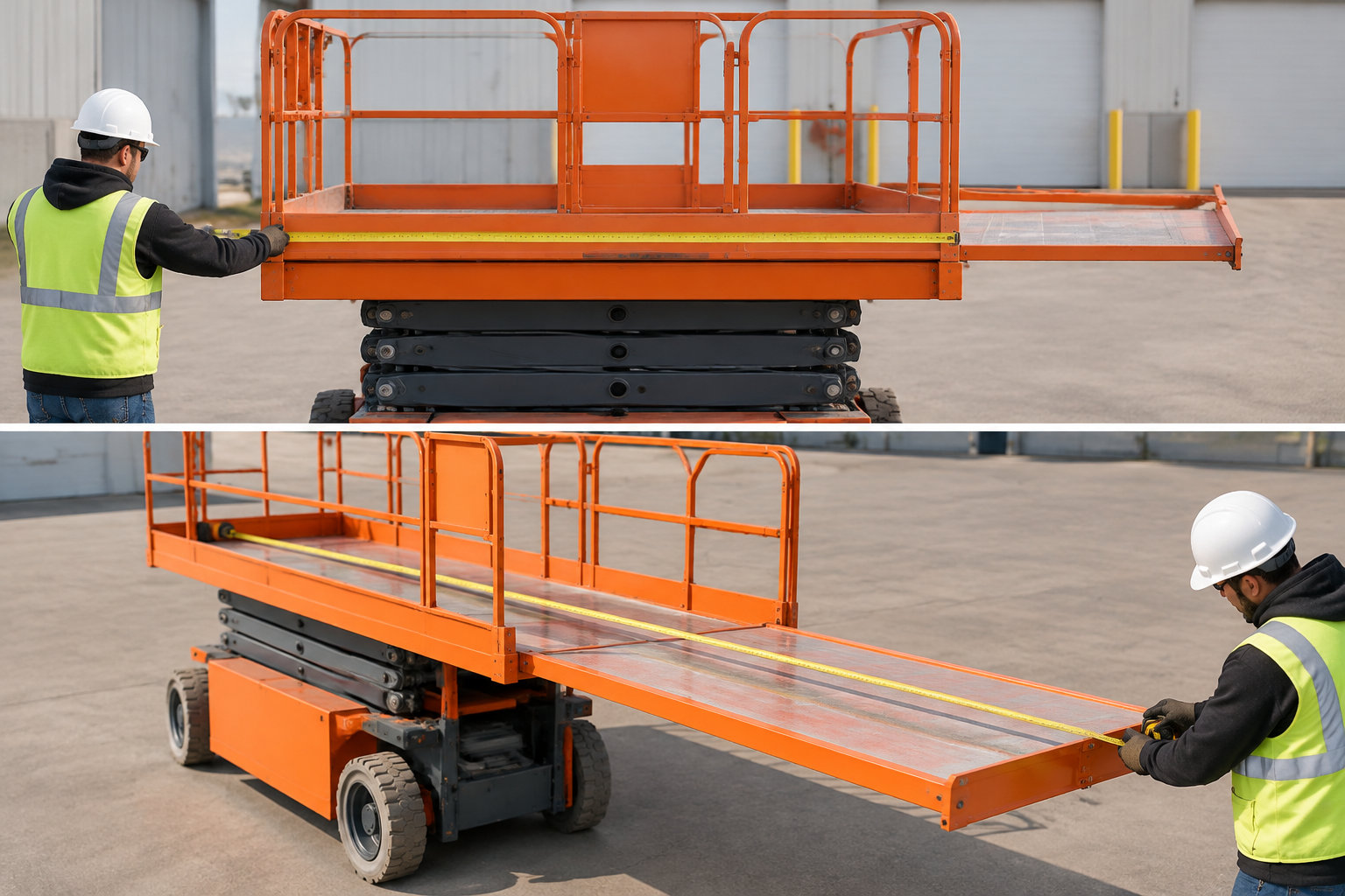 Deux vues d’un homme en tenue de sécurité mesurant la plateforme d’une nacelle élévatrice orange avec un mètre ruban.
