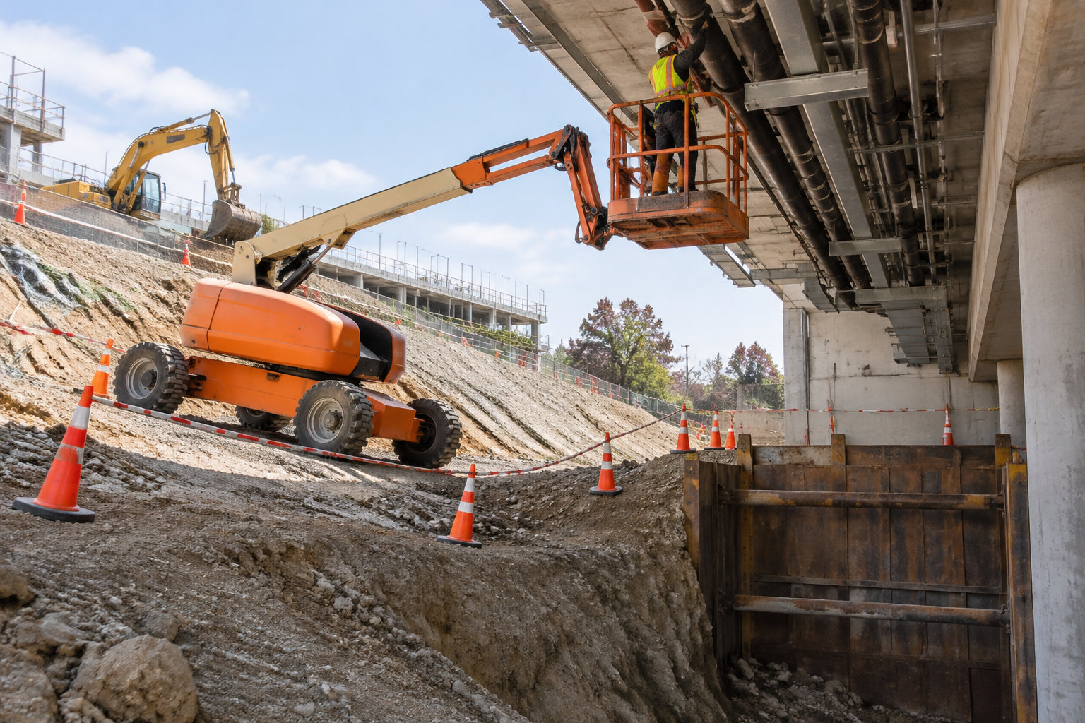 Un ouvrier en gilet fluorescent travaille sous un pont depuis une nacelle élévatrice, sur un chantier entouré de cônes de signalisation et d’engins de terrassement.