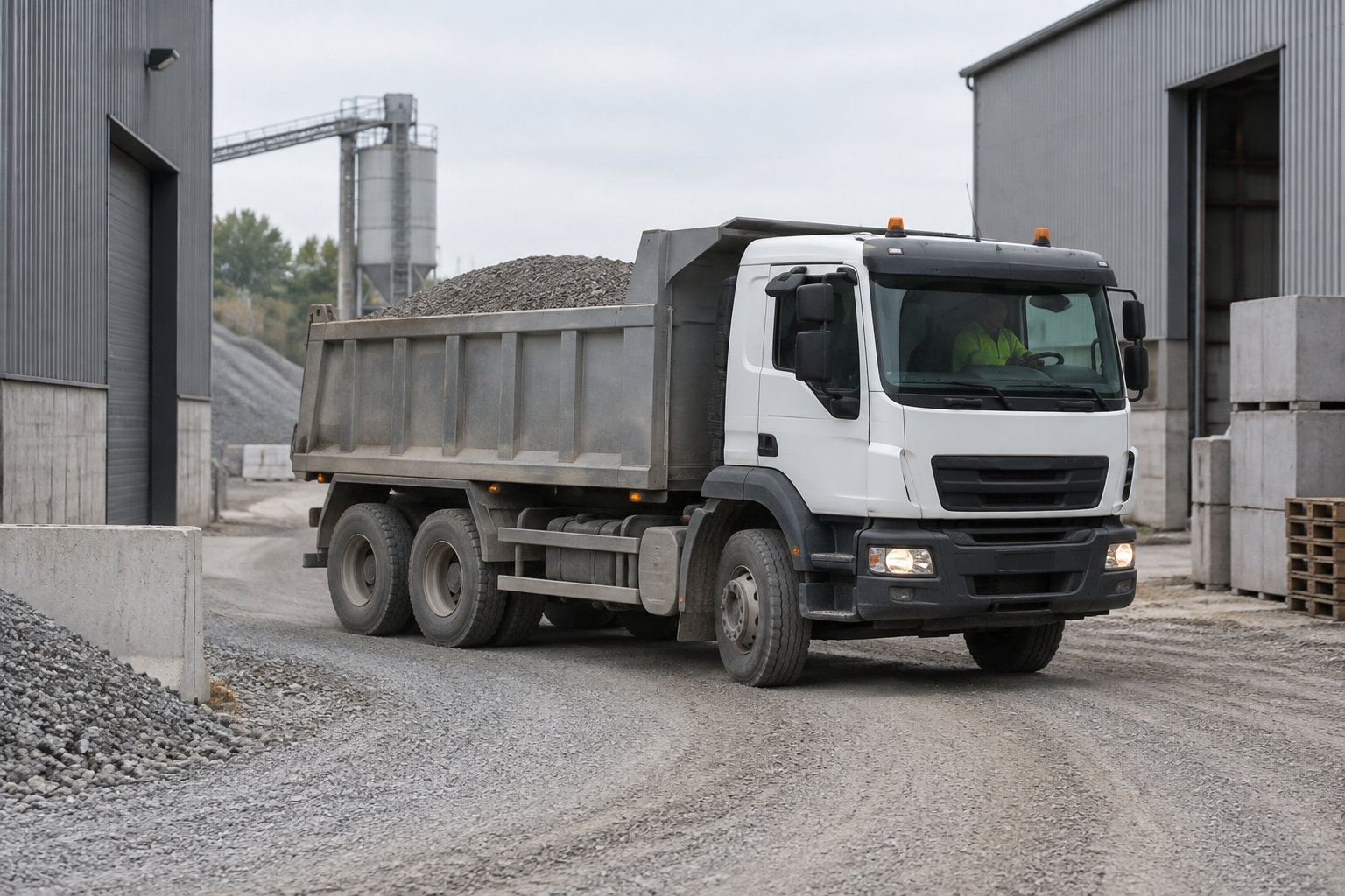 Un camion-benne chargé de gravier circule dans une carrière industrielle, entre des bâtiments et des blocs de béton.