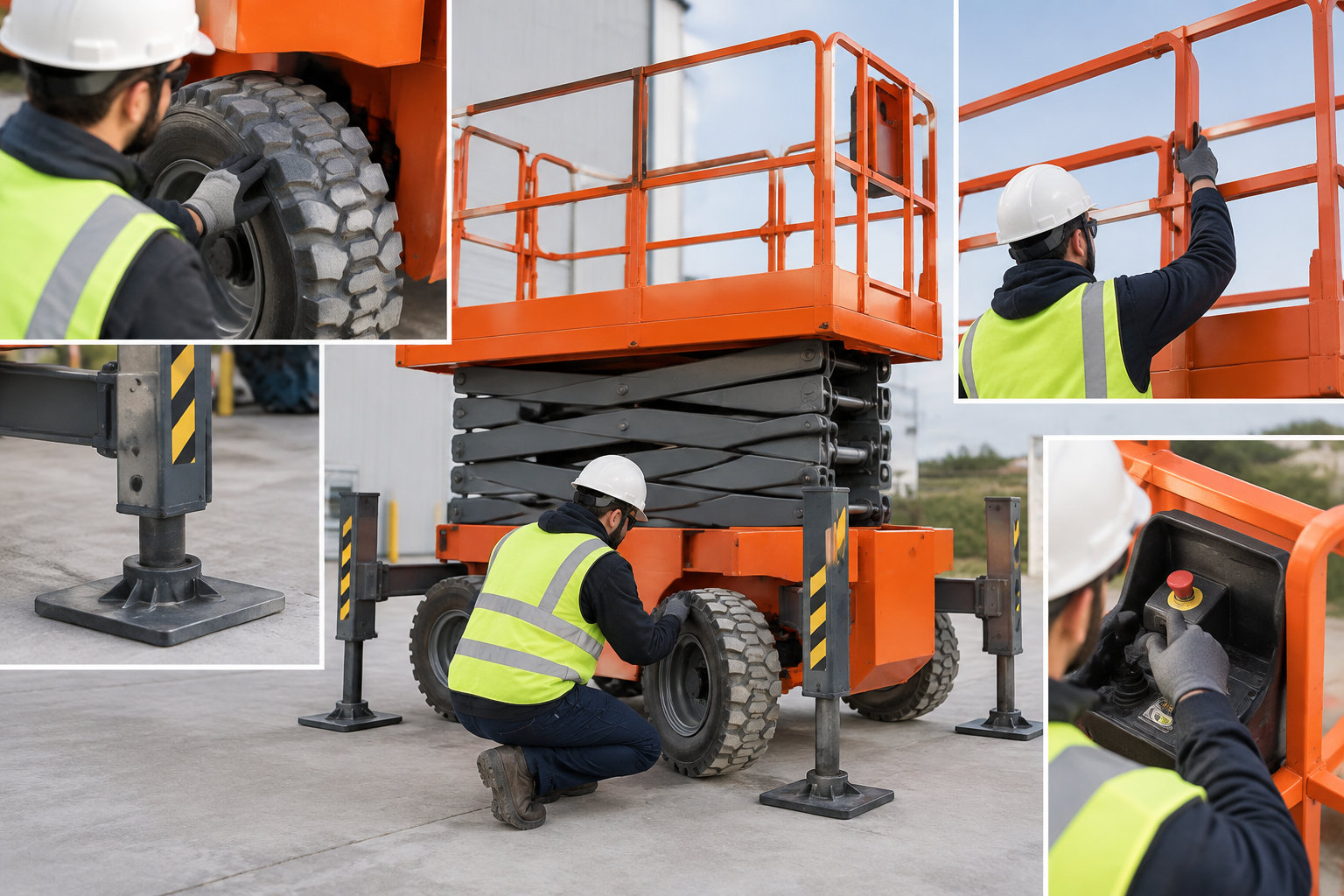 Un collage montre un technicien en équipement de sécurité inspectant et préparant une nacelle élévatrice orange, ses roues, ses stabilisateurs, ses garde-corps et ses commandes.