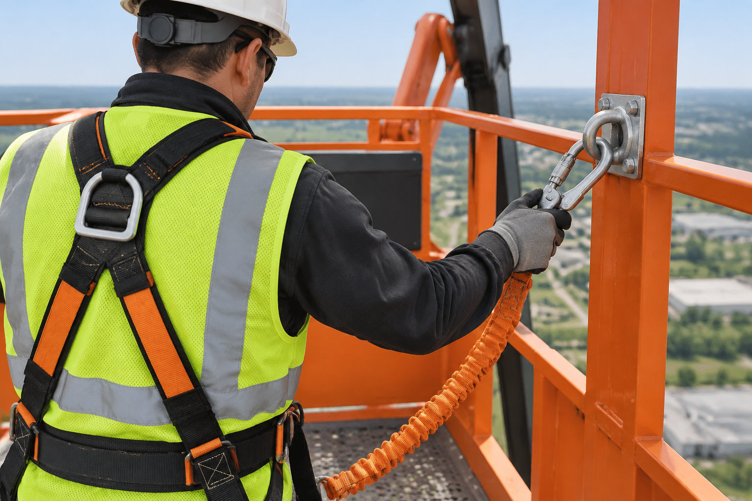 Un ouvrier portant un casque et un gilet de sécurité fixe le mousqueton de son harnais à une structure métallique orange en hauteur.