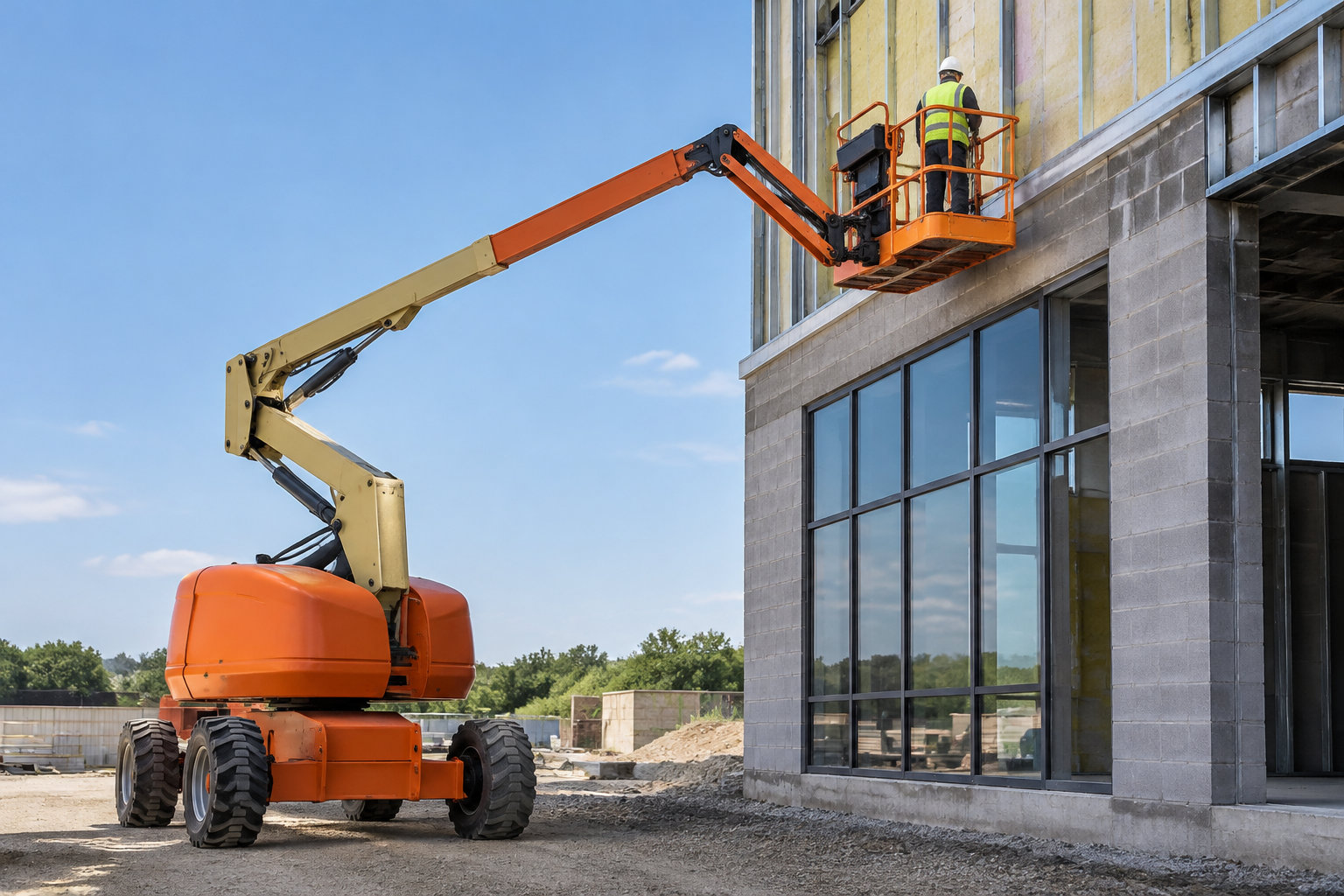 Un ouvrier en gilet fluorescent travaille sur la façade d’un bâtiment depuis la nacelle d’une plateforme élévatrice orange.